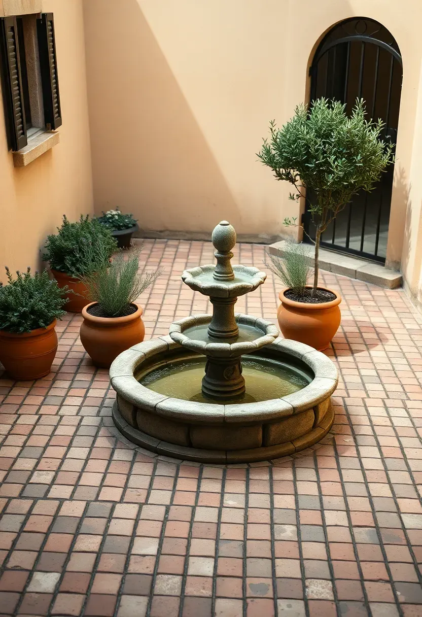 Basket weave brick paver courtyard with a small fountain and potted plants
