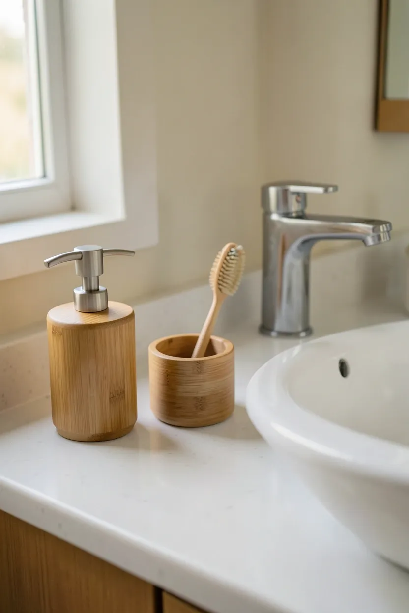 Teak wood bath tray spanning a white porcelain bathtub in an apartment bathroom holding a candle, book, and glass, spa-like natural warmth