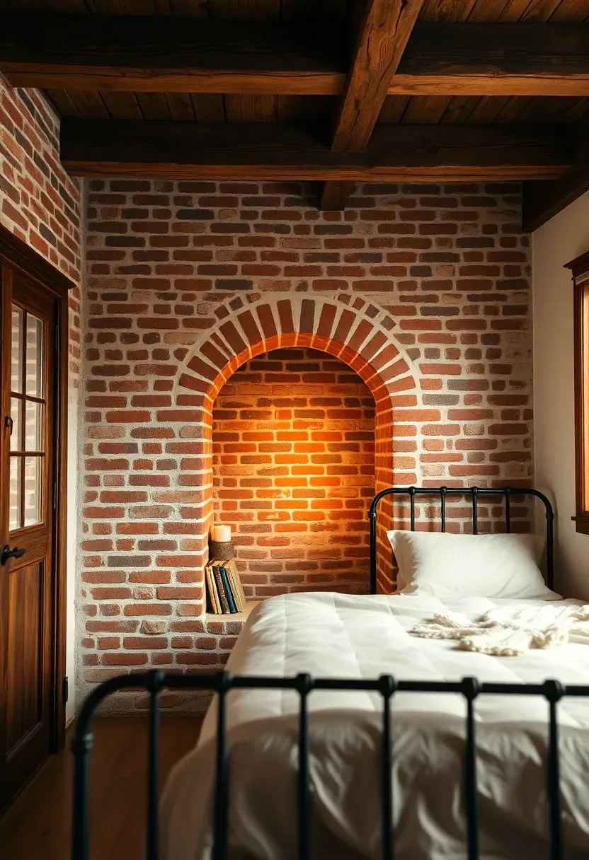 Hyper-realistic straight-on view of exposed brick accent wall in rustic tiny house bedroom. Red brick wall with white mortar, arched brick nook displaying candle and books. Reclaimed wood ceiling beams, iron bed frame with linen bedding. Materials: salvaged red brick, white mortar, oak beams, iron bed, cream walls opposite. Warm ambient light from candle and window, highlighting brick texture and arch. Shallow depth of field showing mortar texture and brick variation. Industrial rustic brick wall mood.</p>