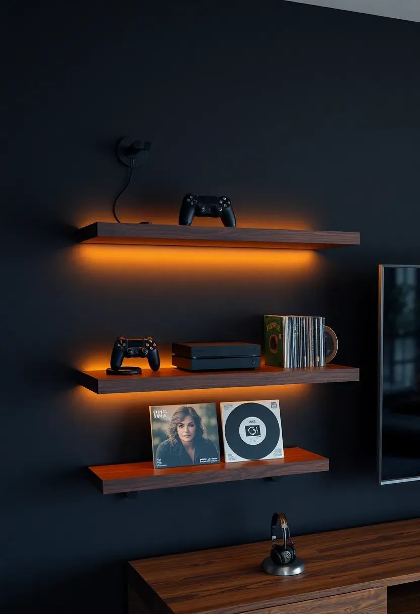 Floating shelves in dark walnut mounted beside a basement tv displaying game consoles, controllers on hooks, and a small collection of vinyl records with warm accent lighting
