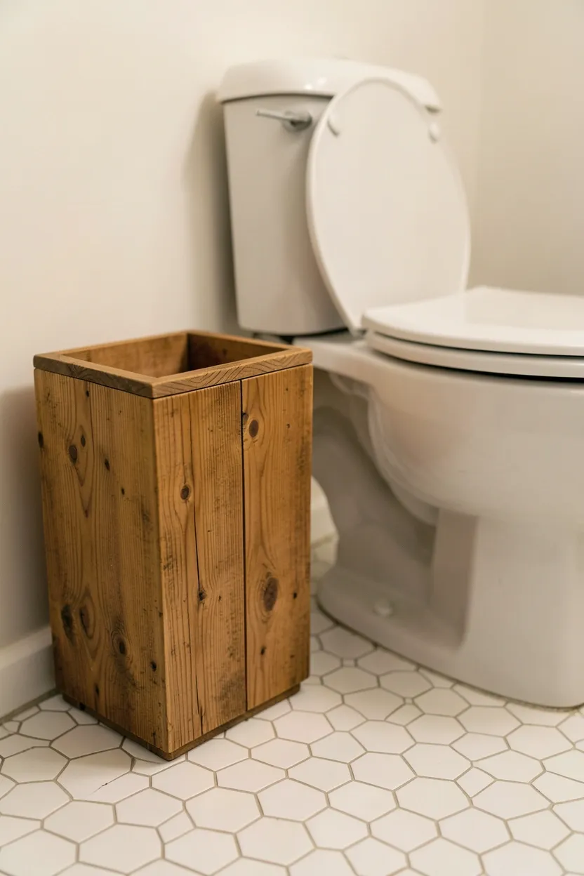 Freestanding teak corner shower seat with warm amber grain inside a white-tiled apartment shower, compact renter-friendly design requiring no installation