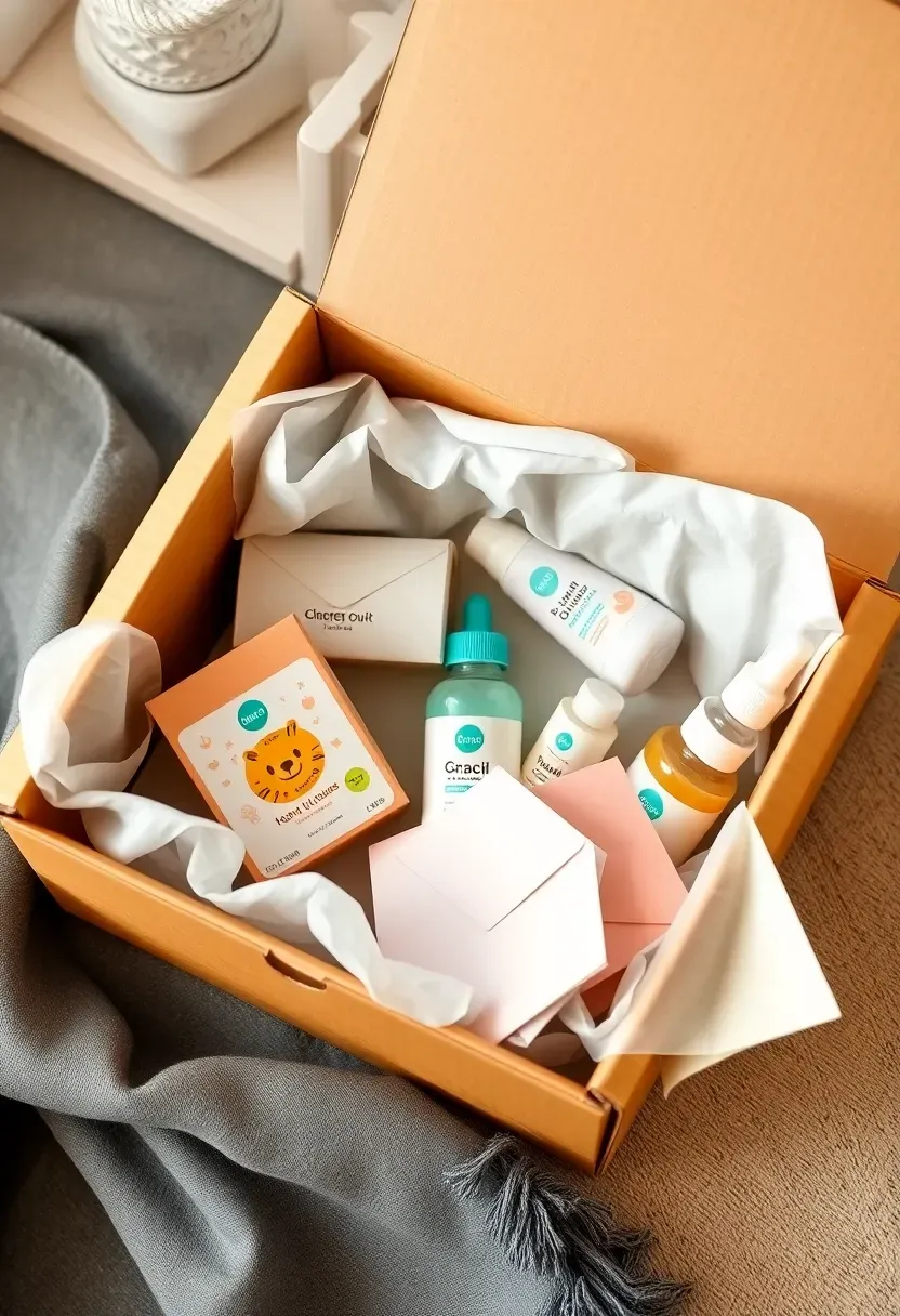 subscription box sampler baby gift basket with sample boxes from baby product brands trial-size items and gift cards arranged in a modern kraft paper box