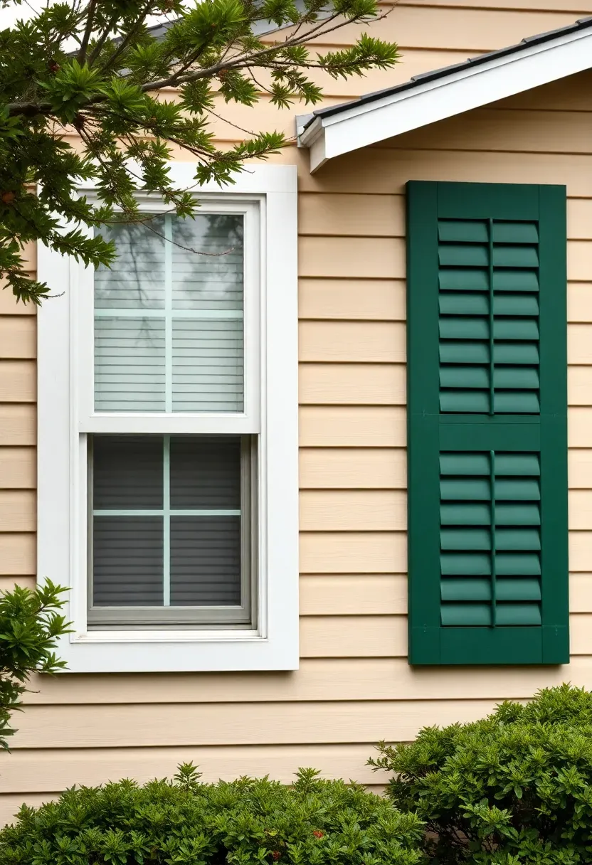 Ranch home shutter replacement with hunter green board and batten PVC shutters beside white windows
