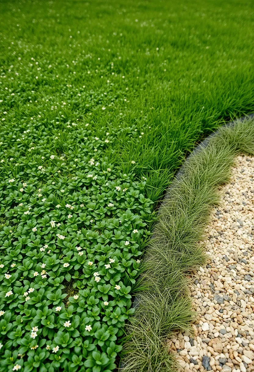 Backyard lawn partially converted to micro-clover with a mowed edge border and a small garden path