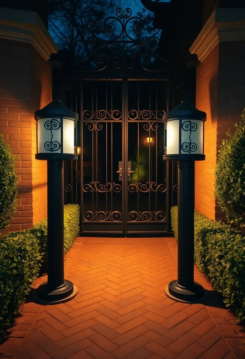 Two matching black metal bollard lights flanking a wrought iron garden gate on a brick pathway at night