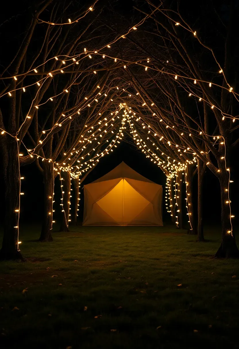 A backyard tent entrance framed by a canopy of warm white fairy lights strung between tree branches creating a glowing tunnel effect at night