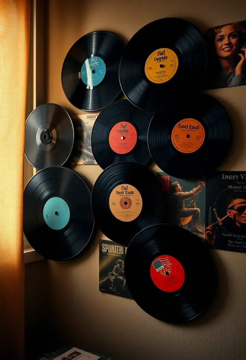 Vintage vinyl records arranged as retro wall art above a teen bedroom desk, music-themed bedroom decor