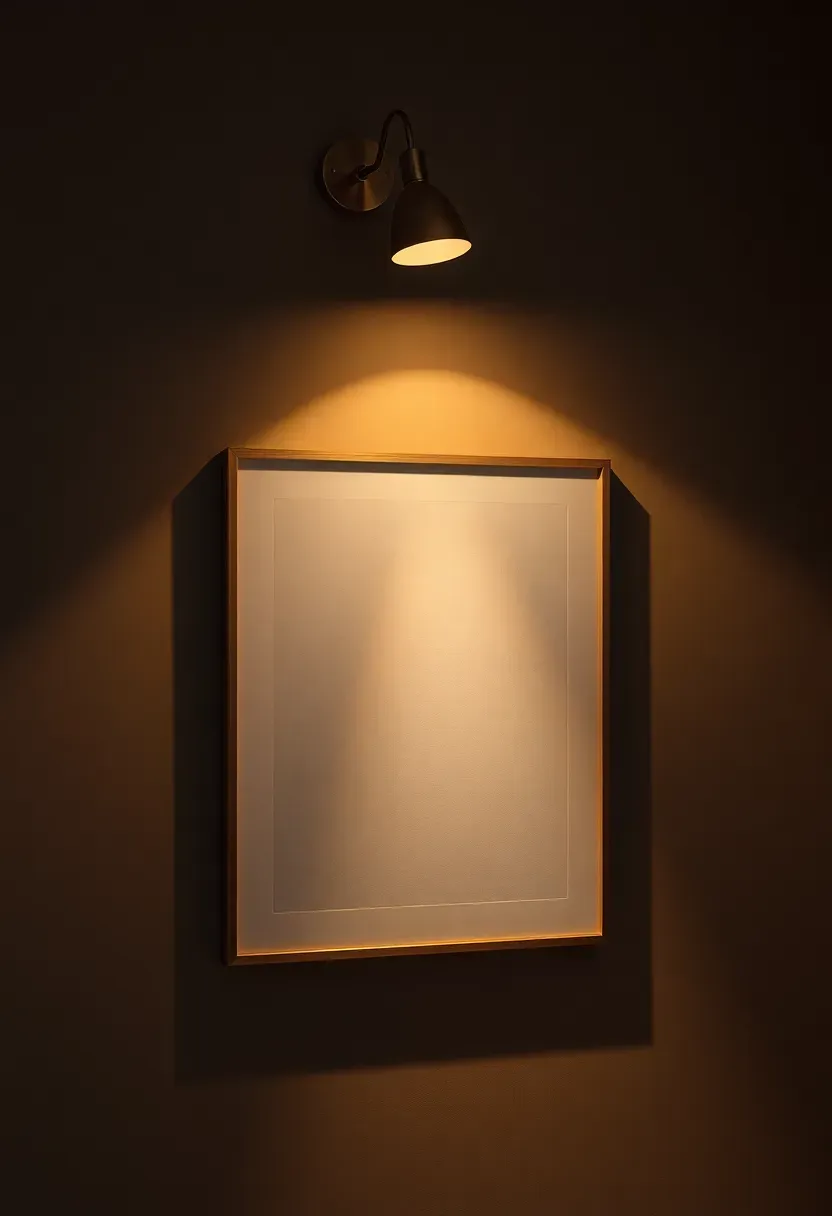 Plug-in picture light mounted above a framed artwork on a dark wall, casting warm directional glow over the art and surrounding objects