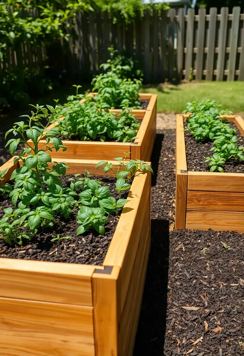 Three cedar raised planter beds filled with vegetables and herbs in a sunny backyard corner with mulch walkways between them