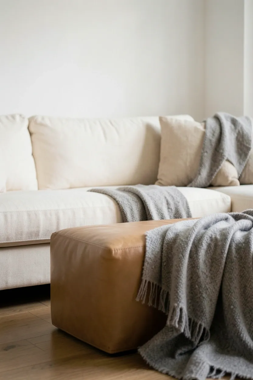 Warm neutral farmhouse living room palette with cream walls, oatmeal textiles, and soft greige upholstery