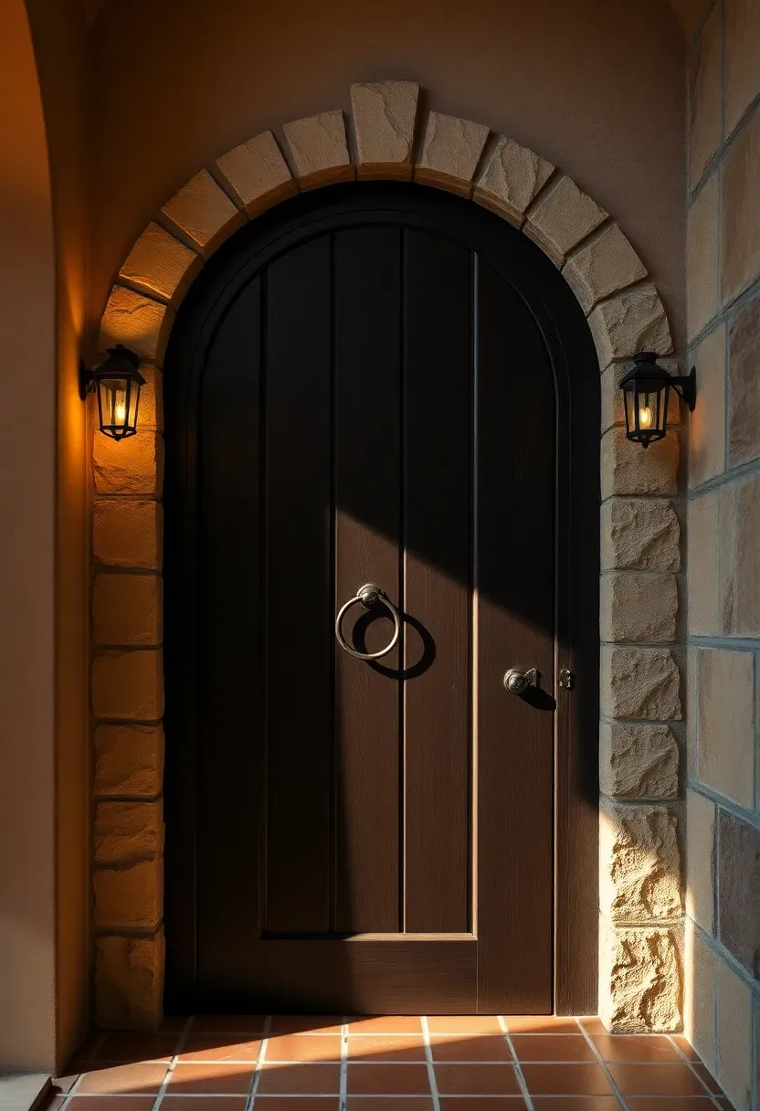 An arched top wooden door with dark stain and iron ring handle at a stone-framed basement entrance