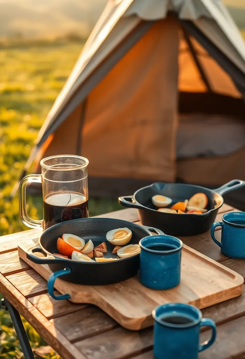 An outdoor breakfast table set up next to a backyard tent with a French press of coffee, scrambled eggs in a cast iron skillet, fresh fruit, and enamel camping mugs