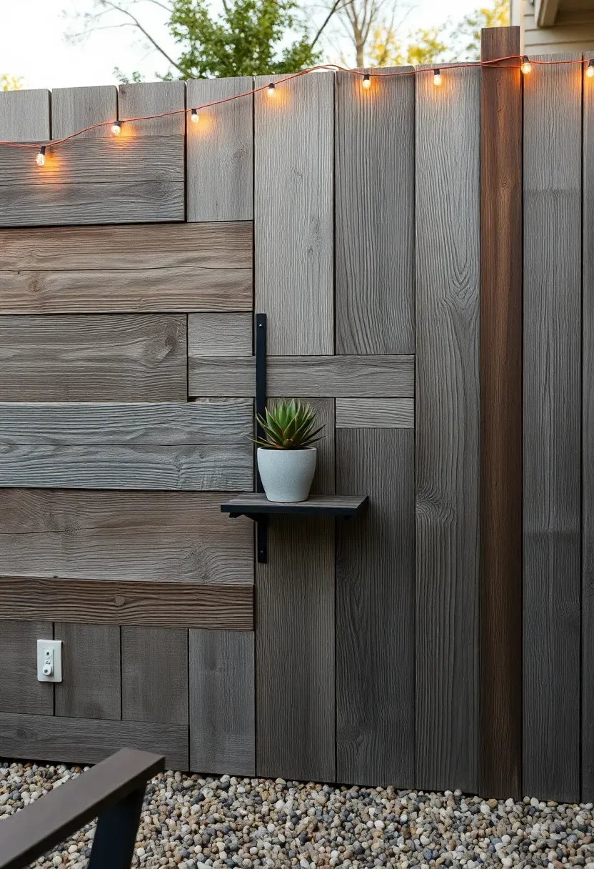 Accent wall made from reclaimed weathered wood planks on the back of a backyard sun room with string lights above