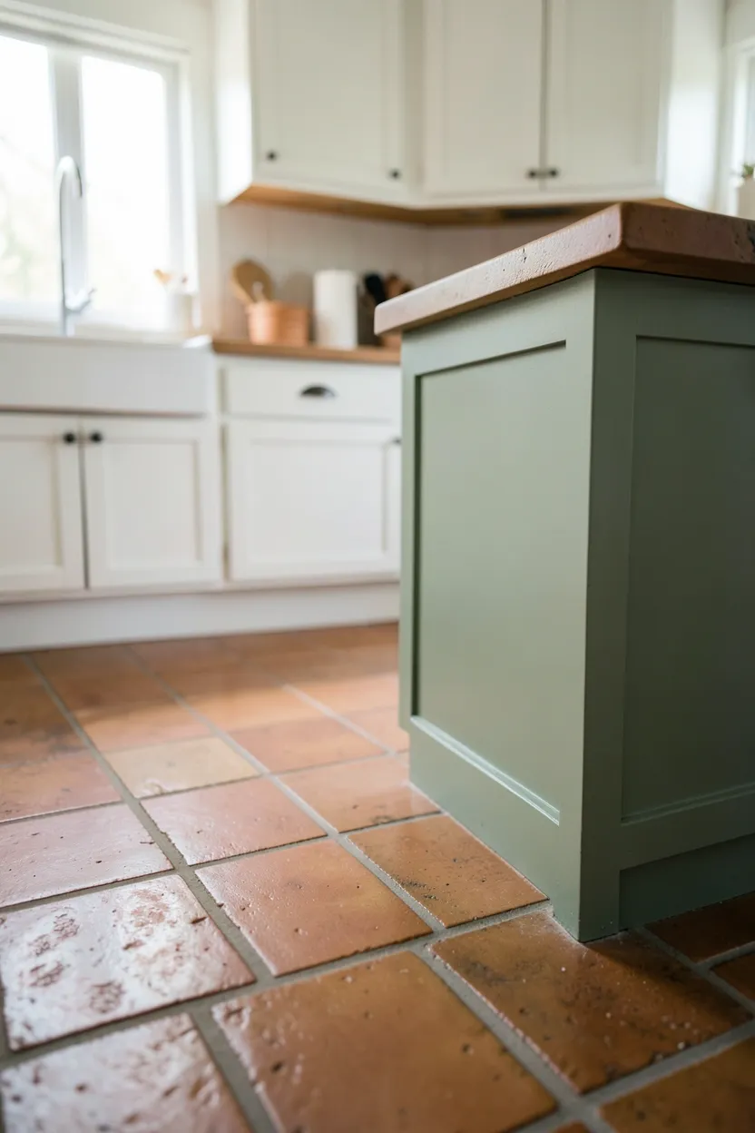 Handmade terracotta tile kitchen floor with warm orange-brown patina beneath natural wood cabinetry in a modern boho kitchen