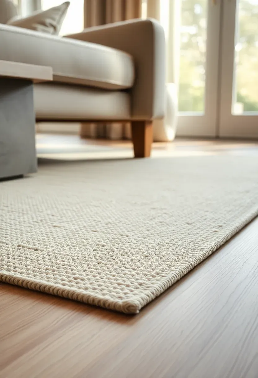 Cream wool area rug defining the seating zone in a modern sunroom with pale wood floor and white linen furniture