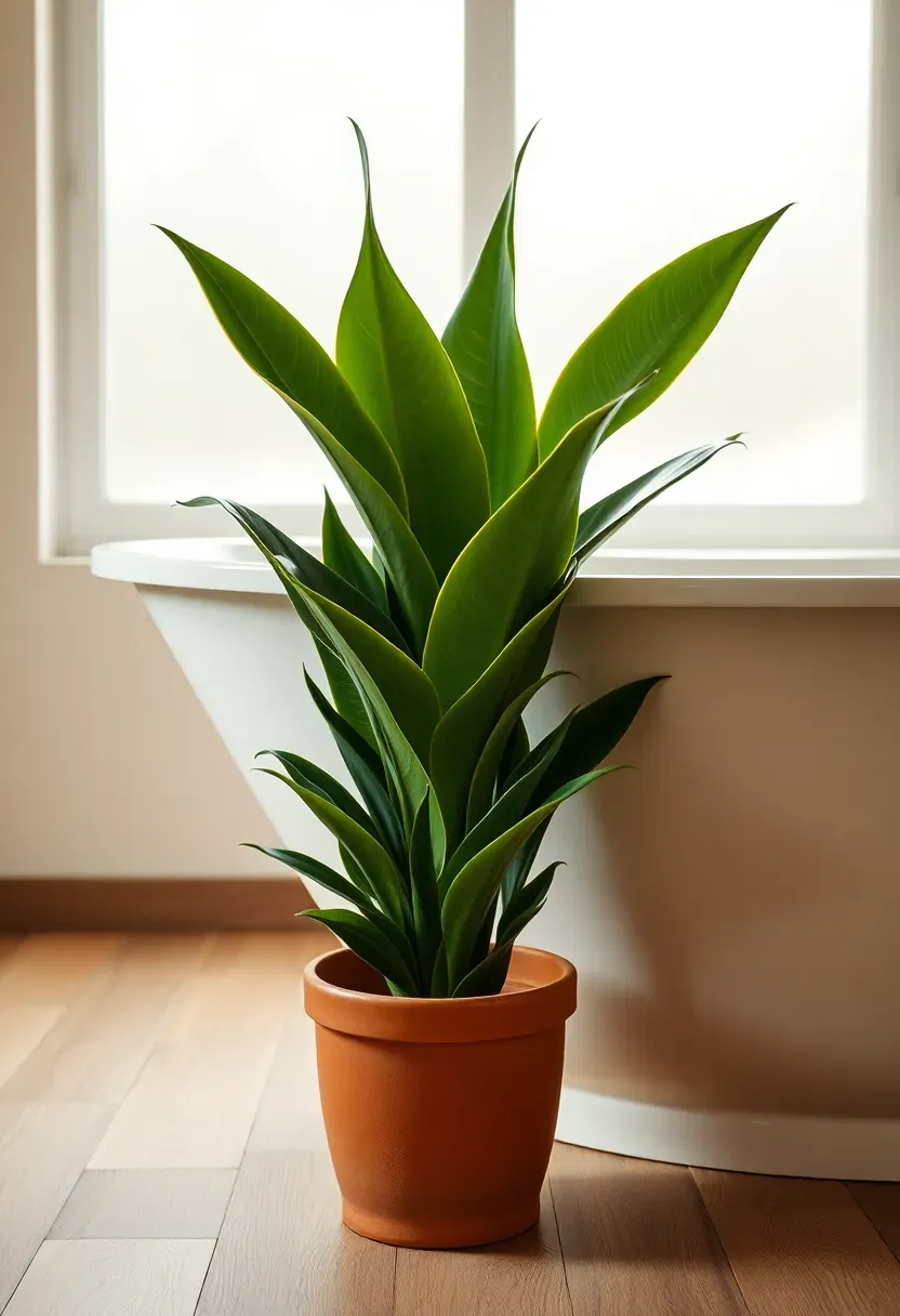 snake plant in terracotta pot beside bathtub with frosted window light