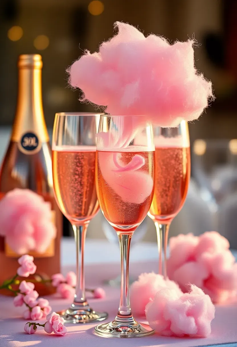 cotton candy perched on champagne flute glasses filled with sparkling rose wine at a glamorous baby shower drink station