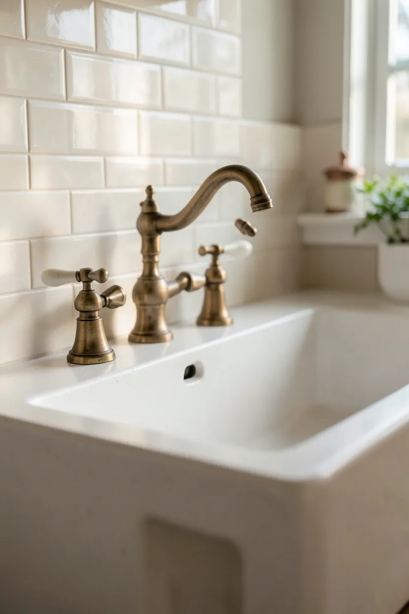 White fireclay apron front farmhouse sink with vintage bridge faucet and cross handles in a cream kitchen
