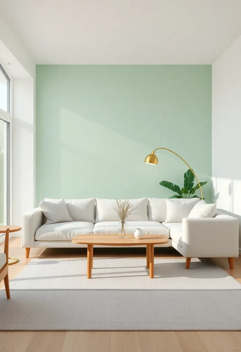 Hyper-realistic wide shot of a minimalist living room with soft mint green accent wall, white sofa, light oak coffee table, and brushed brass arc floor lamp. Materials: matte mint green paint, white linen upholstery, light oak wood, brass metal, light gray wool rug. Bright natural daylight from large windows, soft shadows, airy and fresh atmosphere. Clean composition with intentional negative space, sharp details on brass and wood textures, no clutter, no text, no logos.</p>