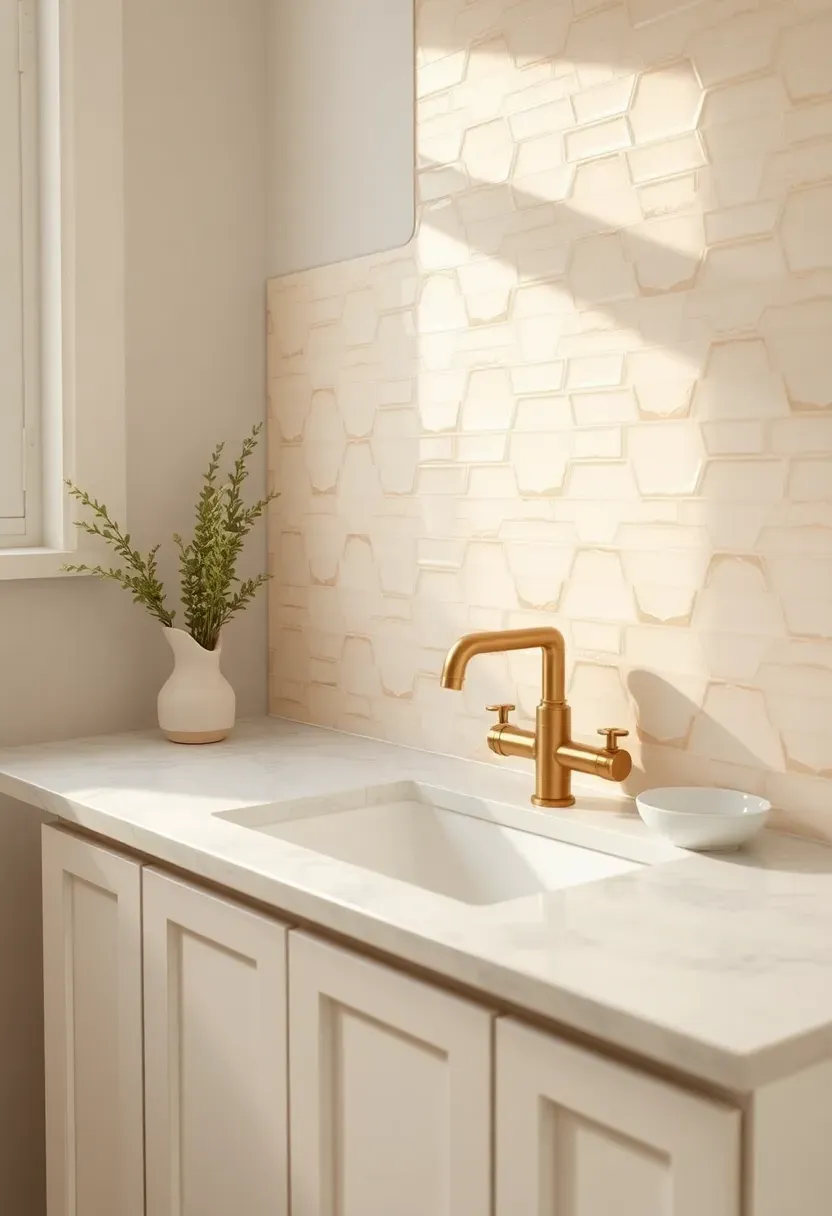 zellige peel and stick tile backsplash behind bathroom vanity with brass faucet