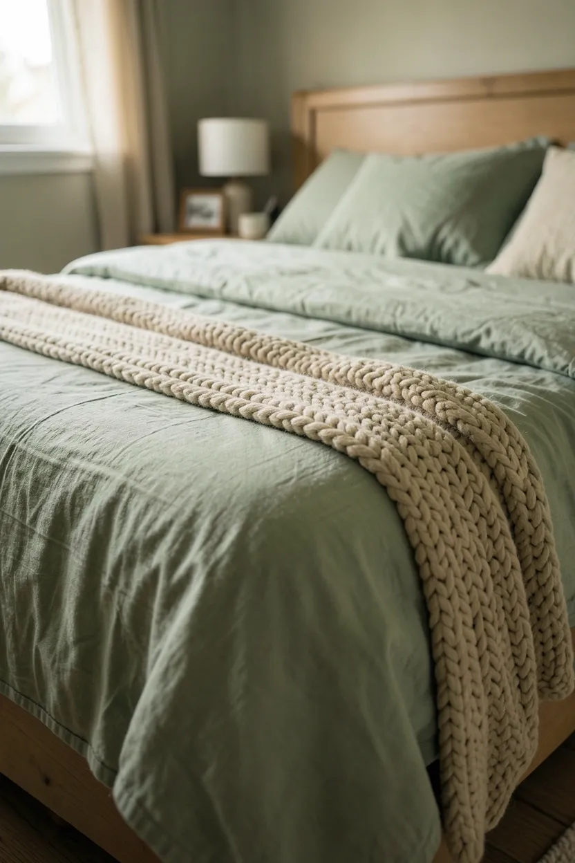 Sage green linen duvet with cream chunky knit throw at the foot of the bed in a cozy apartment bedroom