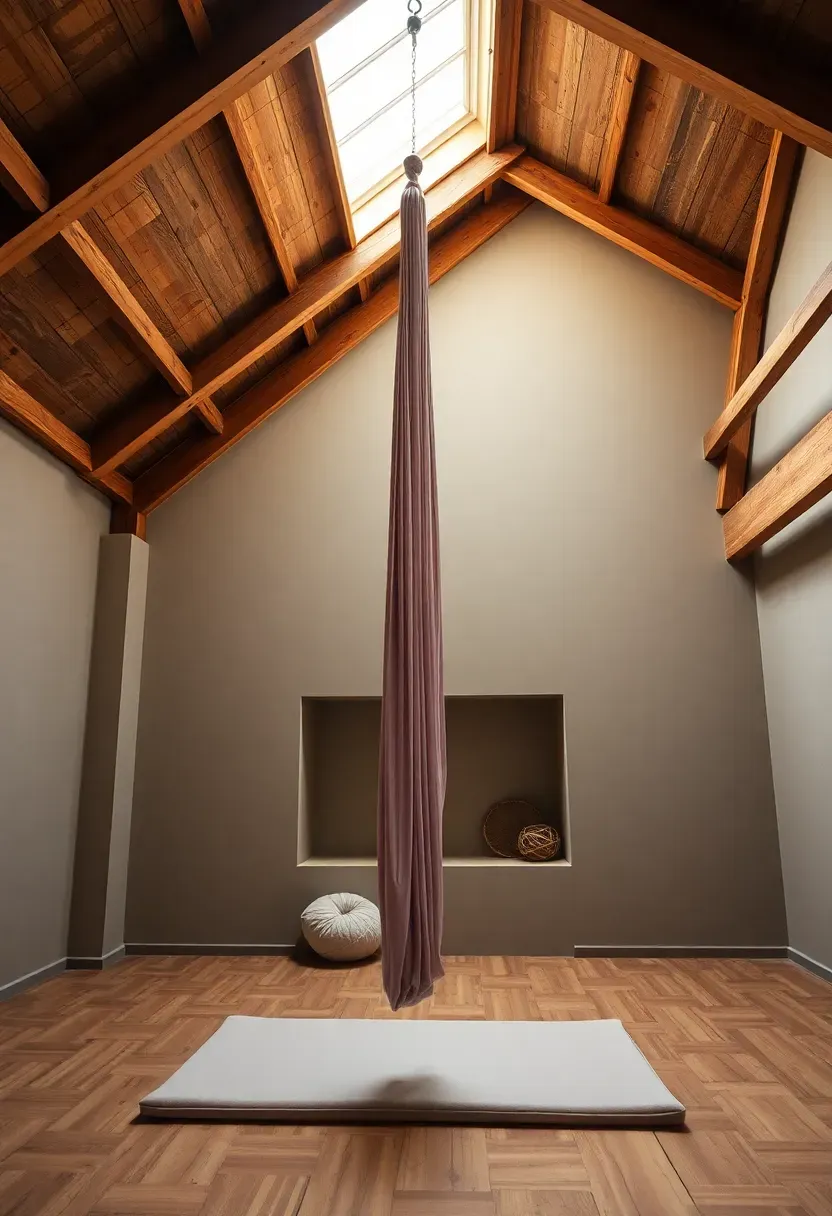 Aerial yoga silk rigging mounted to exposed ceiling beams in a bright loft space with high ceilings and padded mat below