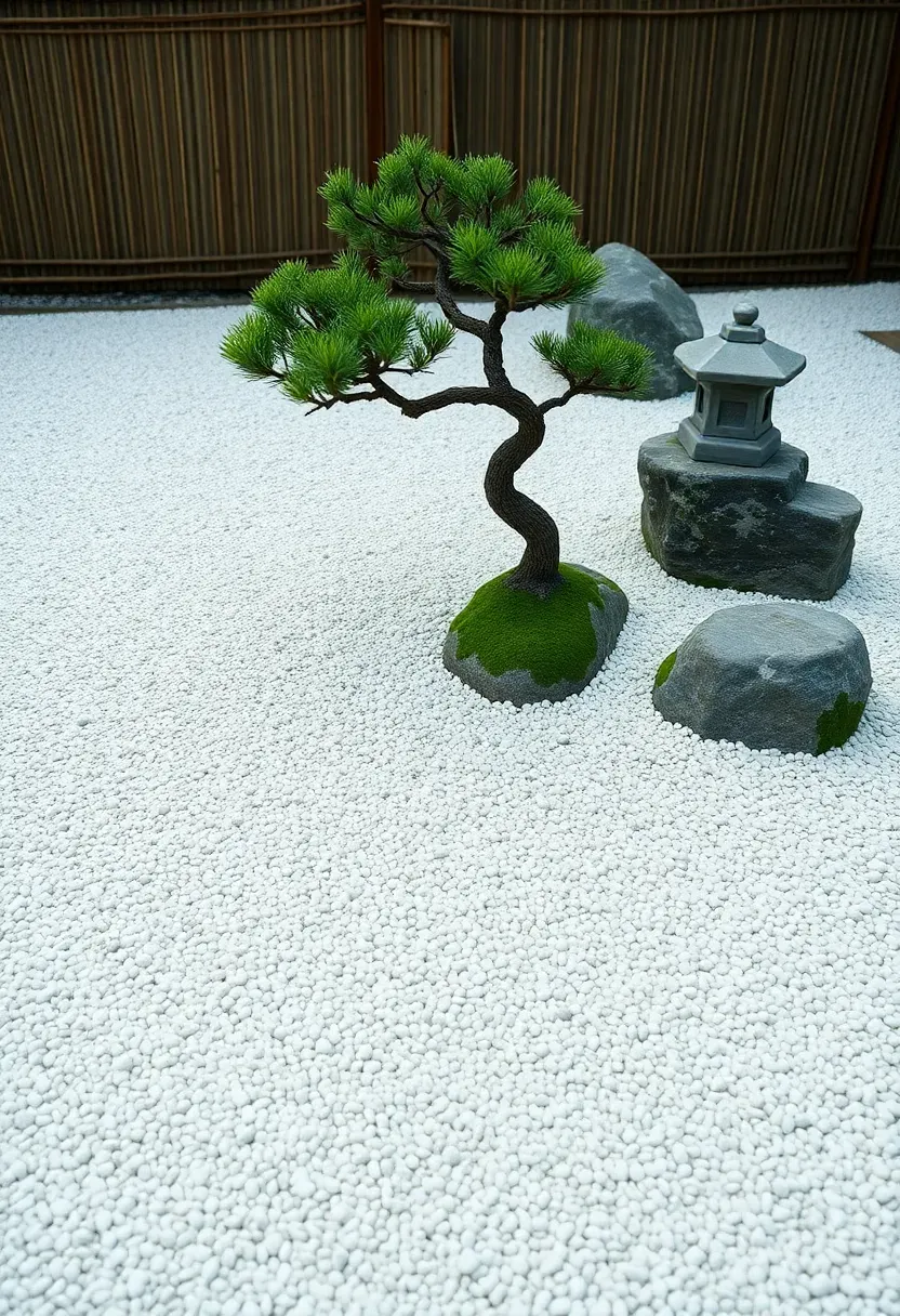 Japanese-inspired gravel garden with raked white pea gravel, a single sculptural pine tree, moss-covered boulders, and a stone lantern