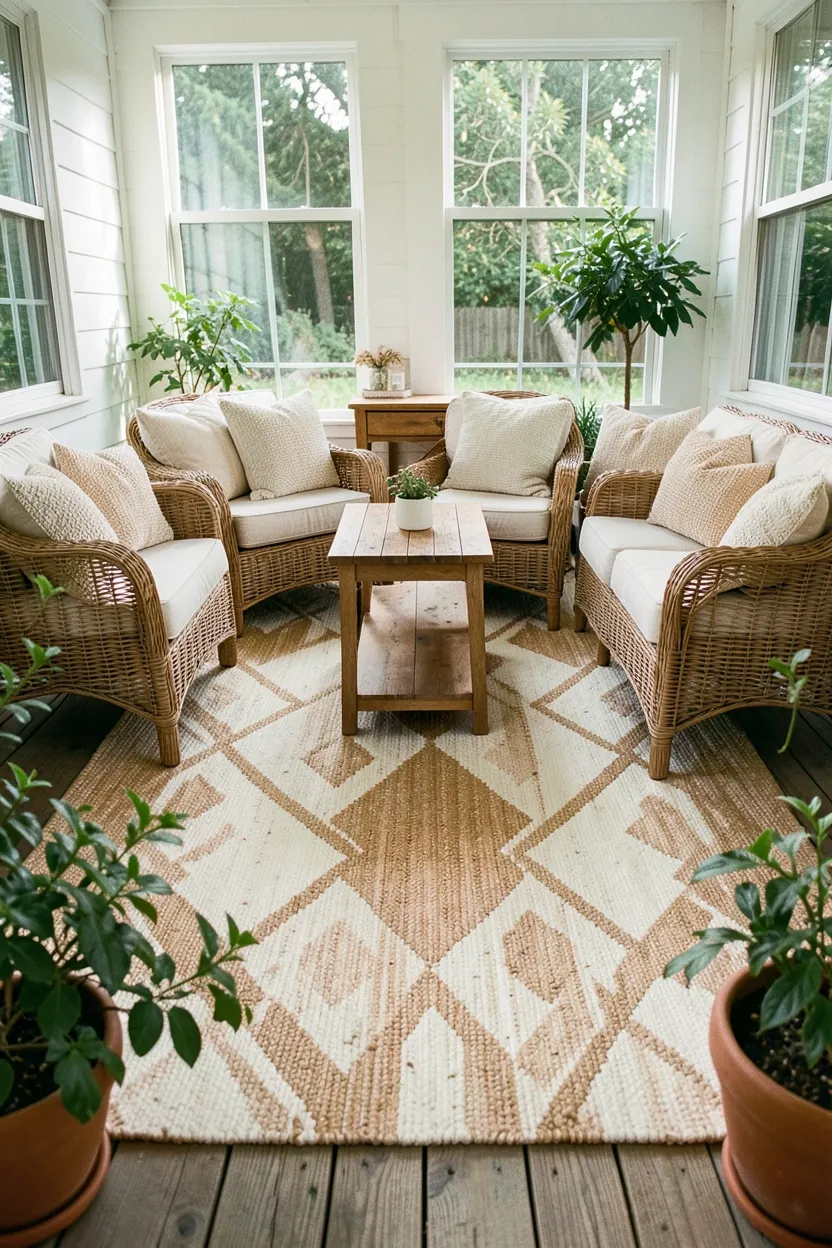 Hyper-realistic slightly elevated photograph of back porch with natural fiber outdoor rug in cream and tan geometric pattern, wicker seating arrangement with cushions placed on rug, small wooden coffee table centered, potted plants framing the space. Natural afternoon light. Materials: jute or polypropylene rug, wicker, wood, fabric. Grounded cohesive mood. Sharp details on rug texture and pattern. No text, no logos, no watermarks.
