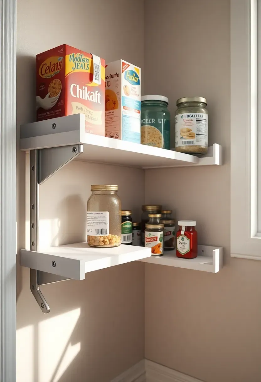Pantry section with three shelves at different heights fitted with adjustable metal bracket rails, shelves holding items proportional to height — tall cereal boxes up high, medium jars mid-level, small spice tins low, partial pantry wall and baseboard visible