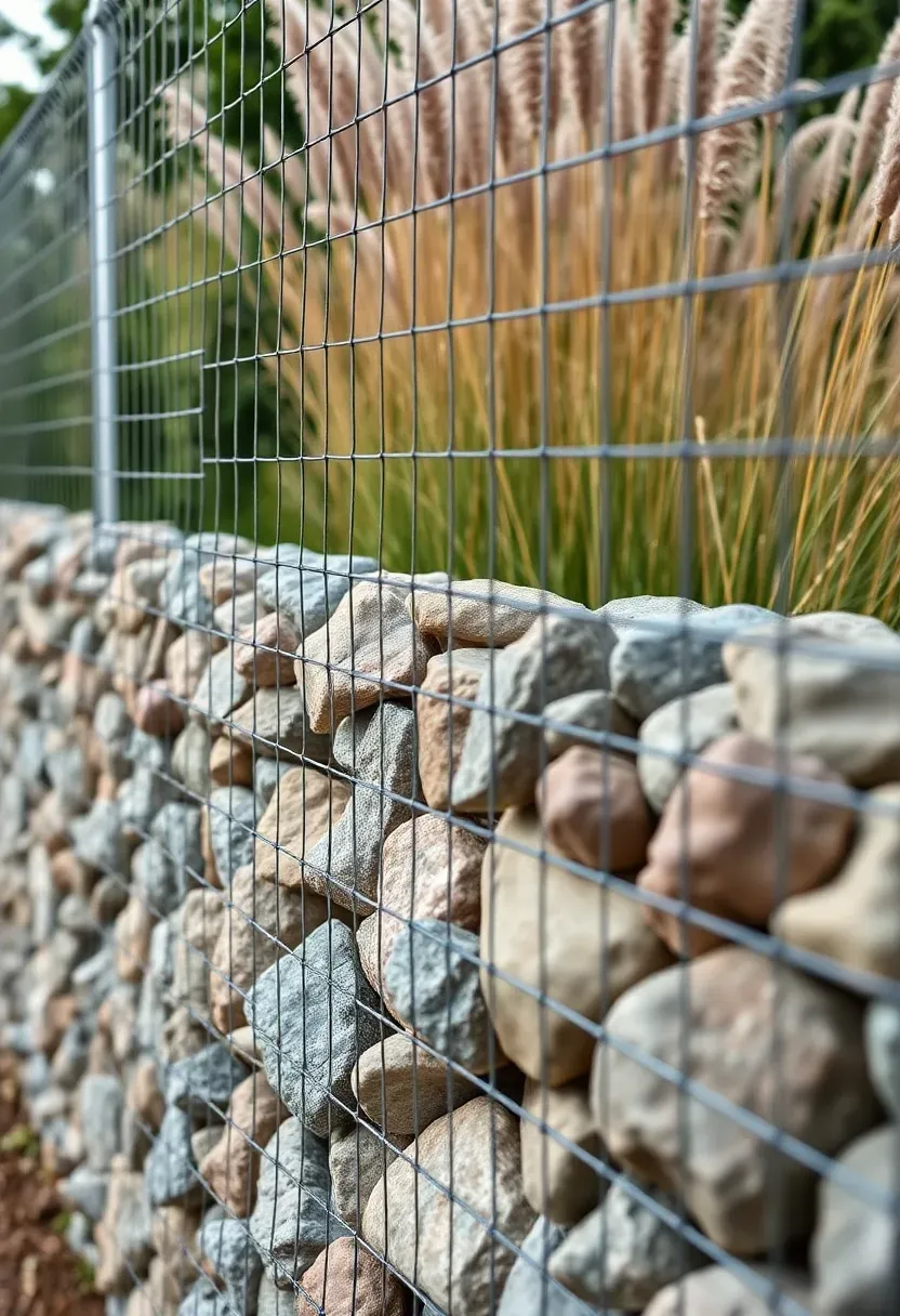 Gabion wall fence filled with river rocks and gray stones along a modern backyard boundary with ornamental grasses