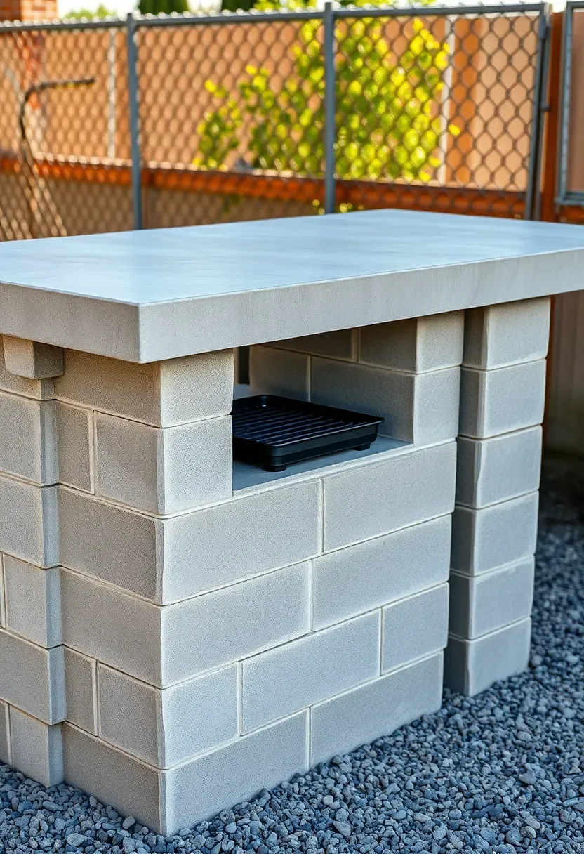 Outdoor kitchen counter made from stacked concrete blocks with a poured concrete top and a charcoal grill inset