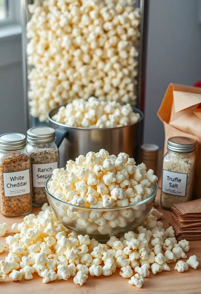 popcorn seasoning bar station with different flavored popcorn bowls and seasoning shakers at a baby shower party