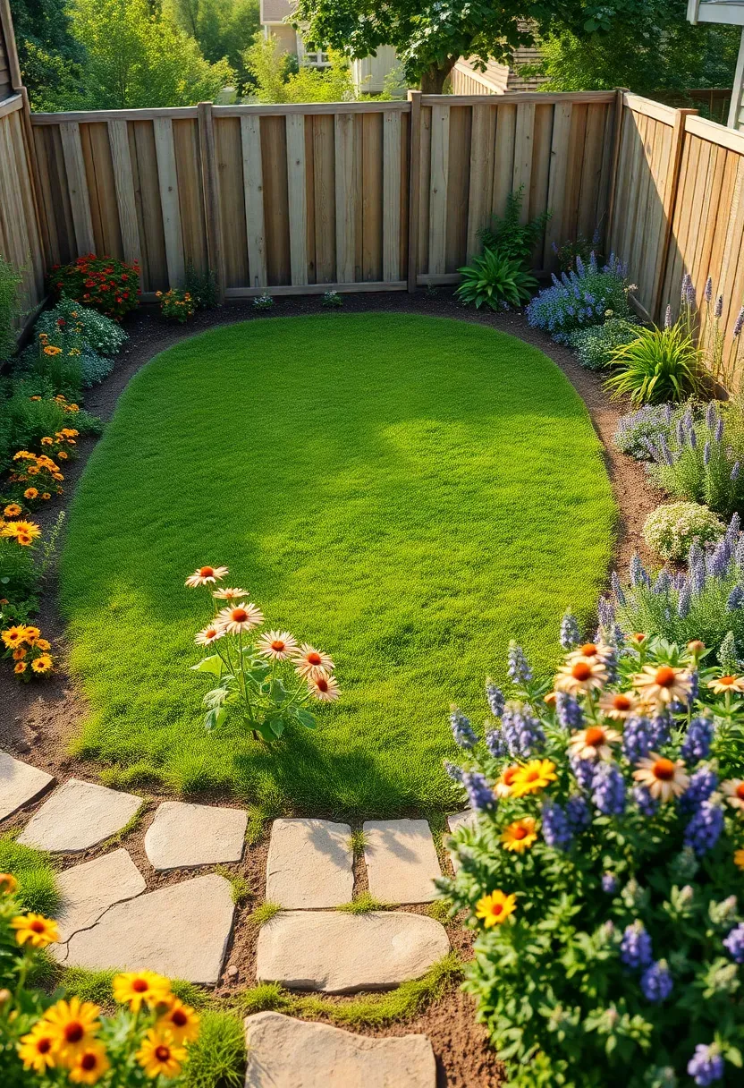 Rectangular backyard seen from above with a central oval lawn surrounded by deep perennial flower borders and a flagstone path around the perimeter