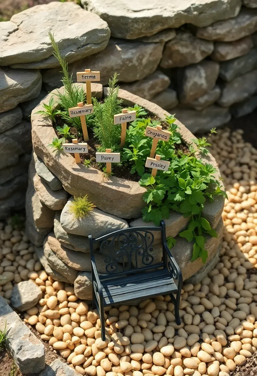 A spiral-shaped raised herb garden with fairy garden elements woven throughout, including tiny signs labeling herbs, a miniature garden bench, and a pebble spiral path