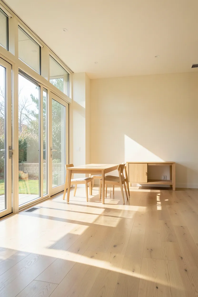 Sun-drenched minimalist apartment room with white walls, light wood floor, and warm afternoon light pouring through sheer curtains