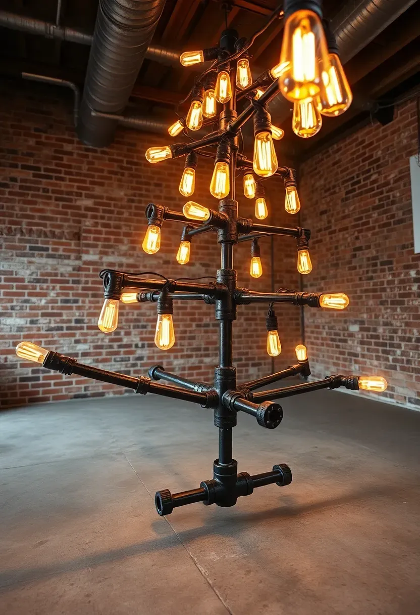 Hyper-realistic 3/4 view of a Christmas tree structure made from black iron pipes arranged in tree shape, wrapped with warm Edison bulb string lights. Materials: black iron pipe with industrial fittings, warm Edison bulbs with visible filaments, concrete floor. Dramatic low-angle light from bulbs (2200K), creating warm industrial shadows on concrete. Industrial mood, shallow depth of field with bulb filament details sharp, visible room context with exposed brick and ductwork. No text, no logos, no watermarks.</p>