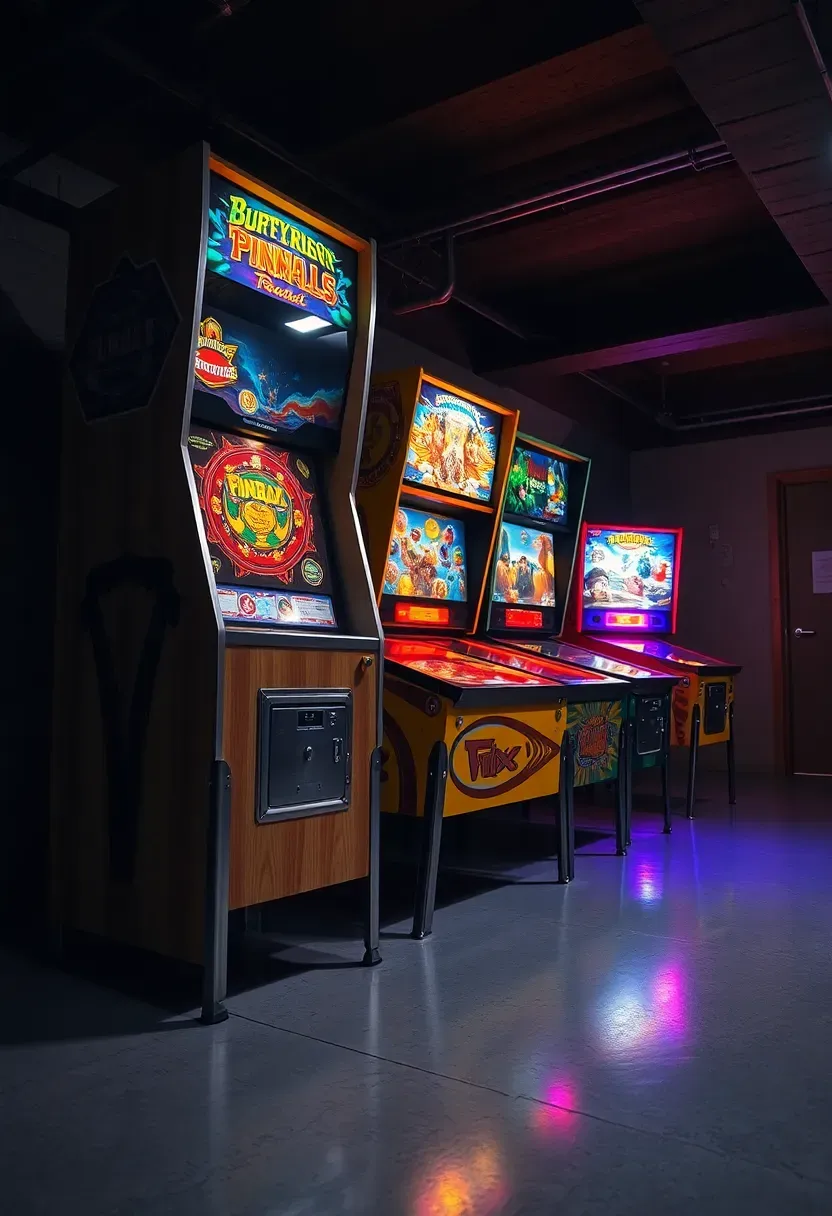 row of pinball machines in a basement with backglass artwork glowing and a polished concrete floor