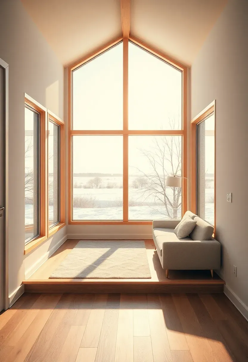 Hyper-realistic 3/4 wide view from inside tiny house looking through large south-facing windows at bright winter landscape. Materials: large picture window, light wood interior, white walls, simple minimal furnishings including small sofa and floor lamp. Brilliant winter sunlight streaming through windows creating warm pools of light on light oak floor, pale blue sky with bare tree branches visible outside. Hopeful winter brightness mood with strong indoor-outdoor connection. Shallow depth of field, sharp details on window frame and interior textures, solar light patterns on floor. No text, no logos, no watermarks.</p>