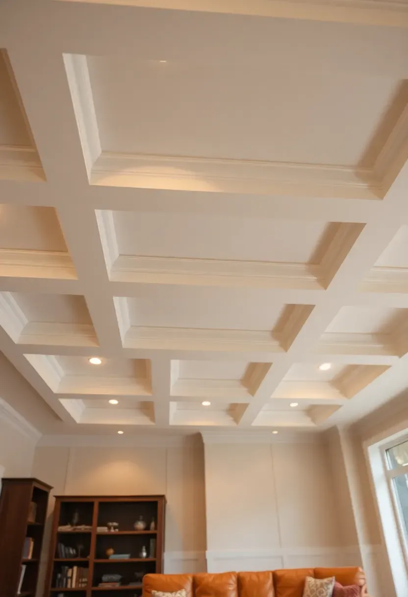 Elegant coffered ceiling with recessed panels and crown molding in a finished basement living room with warm lighting