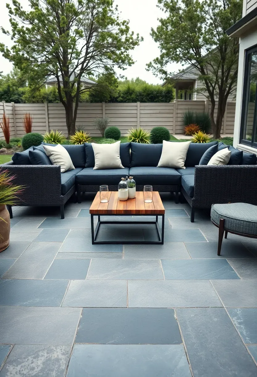Bluestone paver patio with thermal finish in blue-gray tones and modern outdoor sectional sofa