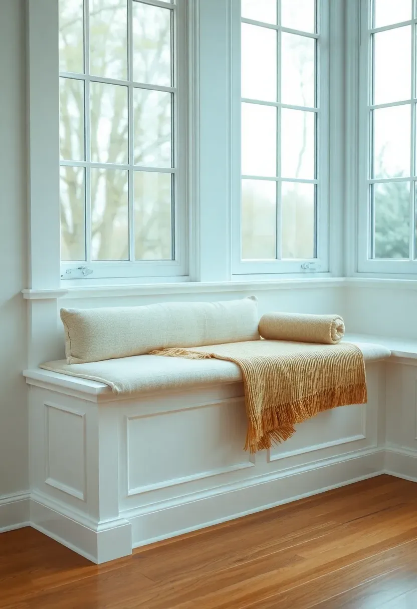 Built-in white window bench with hinged lid storage beneath, cream linen cushion on top, and woven throw in a clean modern sunroom