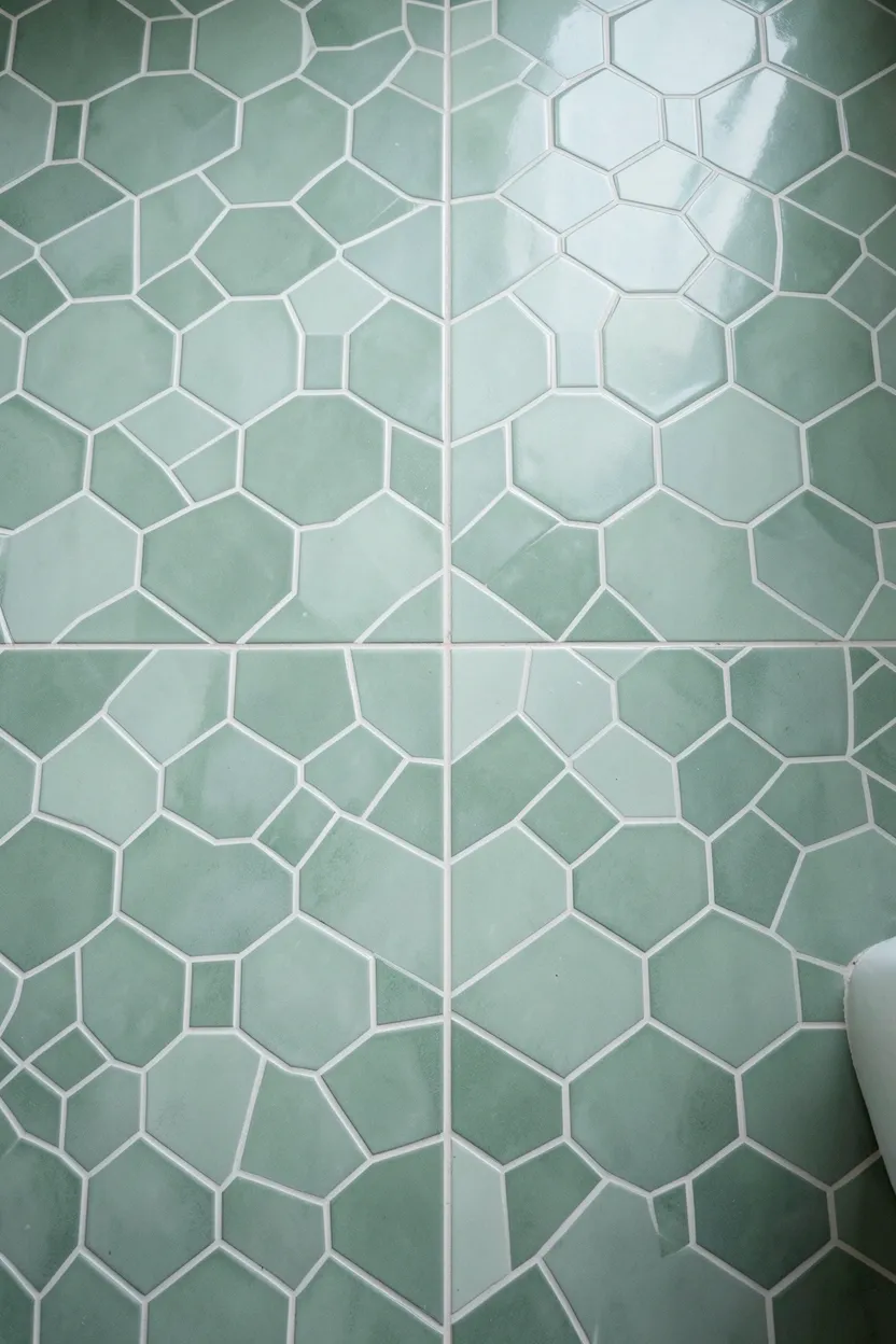 Sage green geometric encaustic pattern floor tiles in a bathroom with white walls and minimal modern fixtures