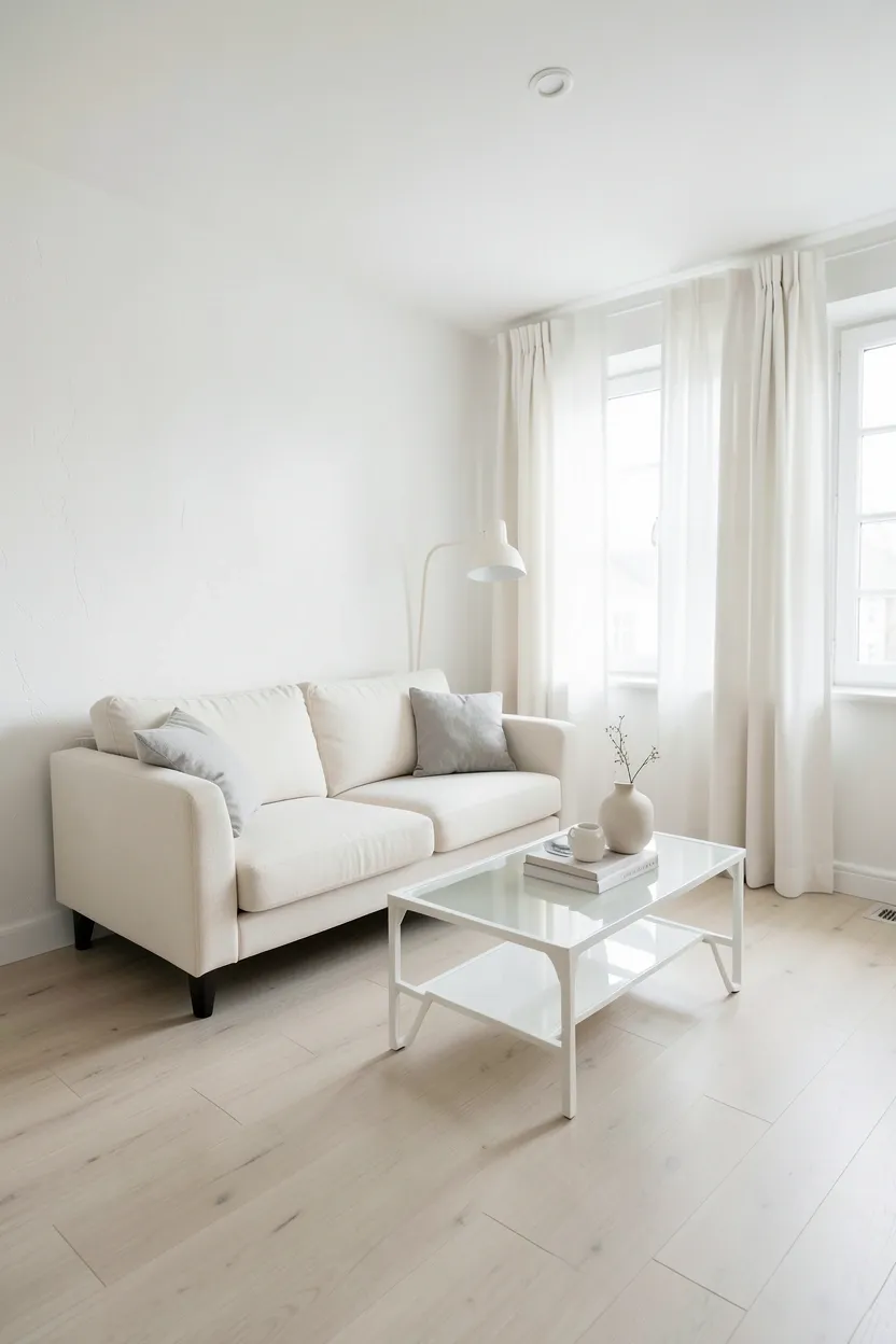 All-white monochromatic Scandinavian living room with layered textures of linen, wool, and light wood in a small rental apartment
