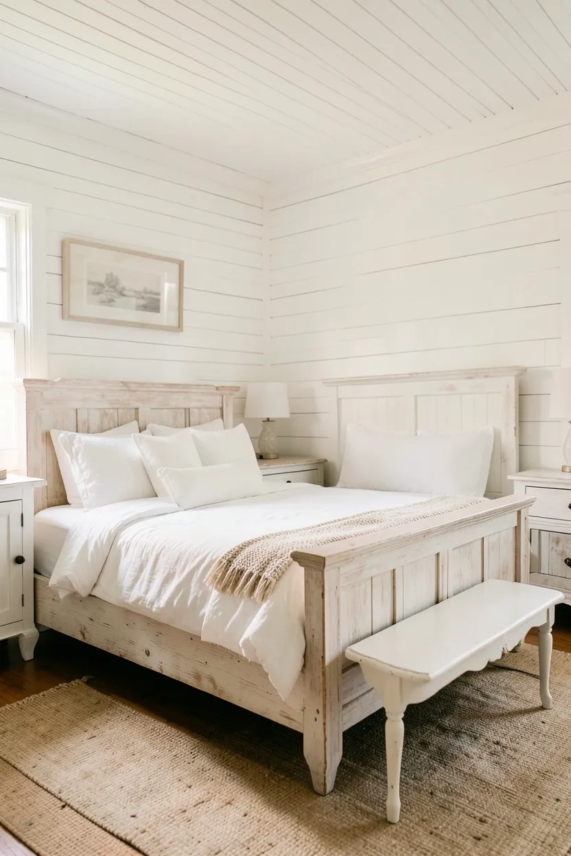 White farmhouse bedroom with shiplap walls, white-washed oak bed frame, sliding barn door, and vintage bench at foot of bed