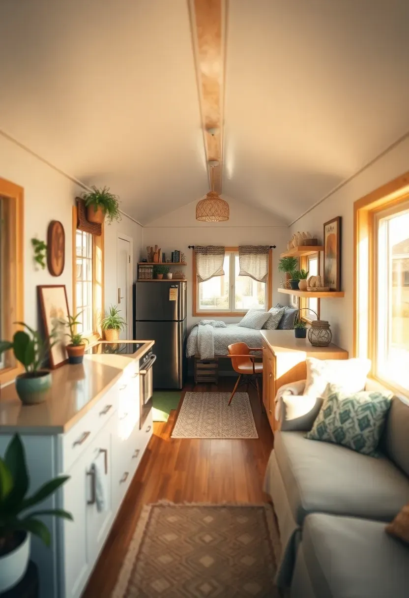 Hyper-realistic interior view of thoughtfully designed 200 square foot tiny house showing comfortable balance of living space, functional kitchen, separate sleeping area, and dedicated workspace nook. Light-filled interior with plants, personal touches, art on walls. Warm wood tones, white walls, textiles adding color. Golden afternoon sunlight through large windows creating inviting atmosphere. Balanced minimalist lifestyle mood. Visible organization and intentional design. No text, no logos, no watermarks.</p>
