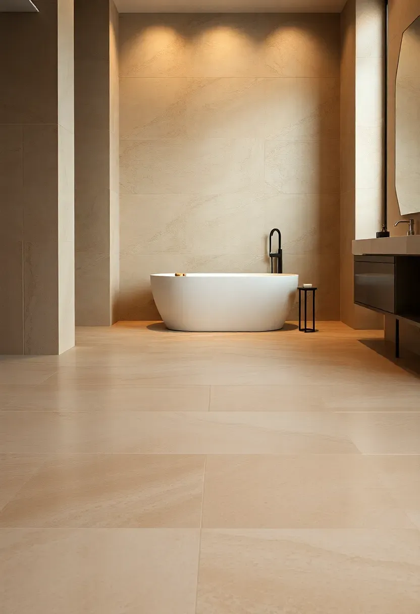 Natural stone floor with invisible radiant heating system in a modern luxury bathroom creating warm barefoot comfort year-round