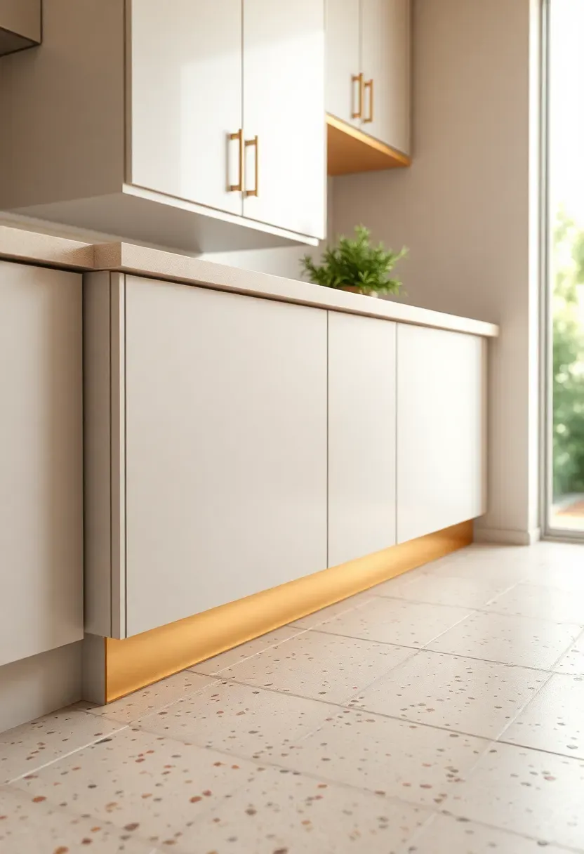 Kitchen with terrazzo floor tiles in warm cream with coral and sage flecks, white lower cabinet, brass kickplate, and a terracotta pot with trailing rosemary on the counter