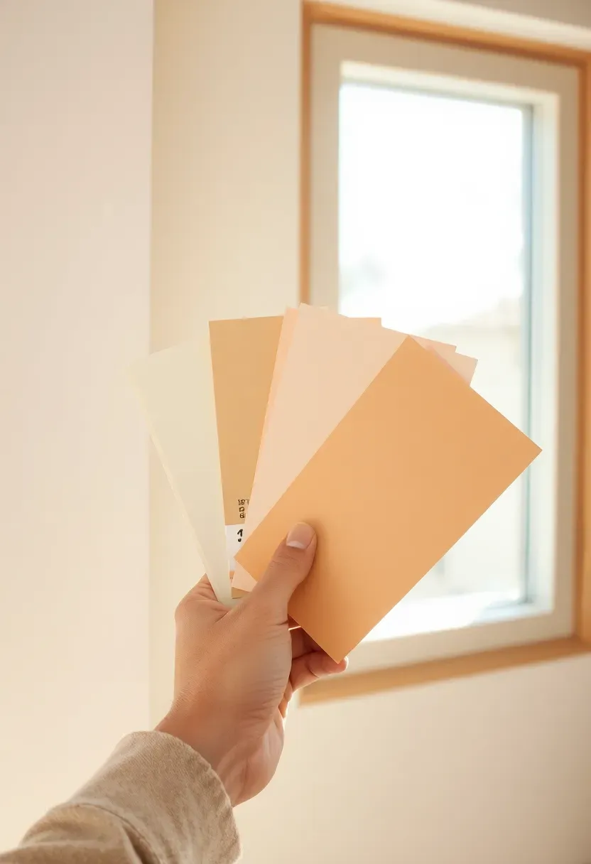 Close-up of a hand holding paint swatches in warm white and soft greige tones against a small living room wall near a window