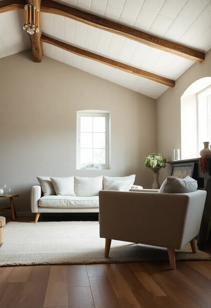 Hyper-realistic 3/4 view of low-profile linen sofa and low-slung armchair in rustic minimalist living room with vaulted ceiling. Materials: cream linen upholstery, light wood furniture legs, exposed beam ceiling above, wool rug. Natural daylight from window. Composition showing furniture scale relative to room height. Clean lines with relaxed comfortable appearance. No text, no logos, interior design magazine style.</p>