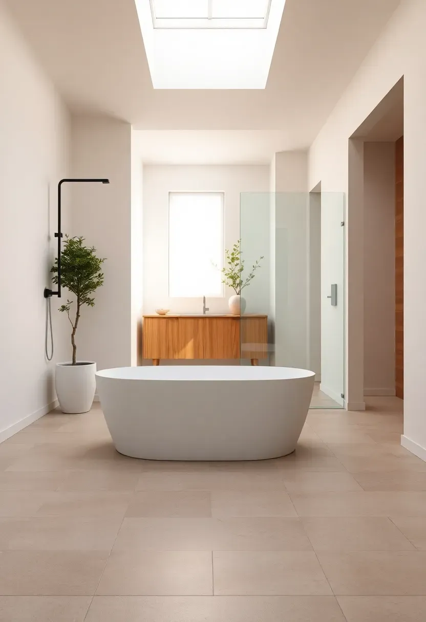 Open wet room bathroom with continuous tile floor, freestanding tub, and walk-in shower with no curb